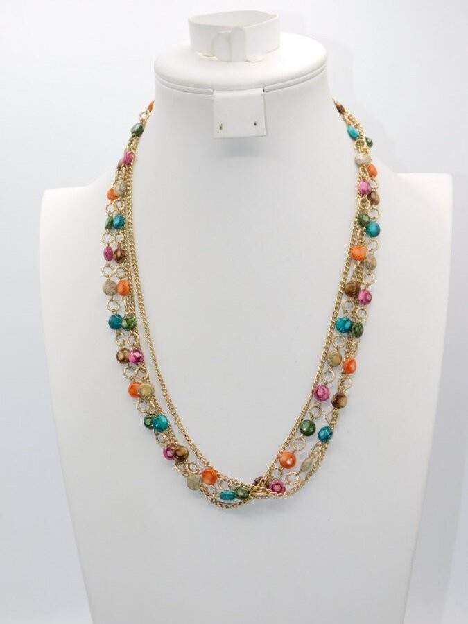 A889-VINTAGE NECKLACE~COLORFUL BEADS/GOLD TONE~46″ LONG~NO CLASP~PRETTY!