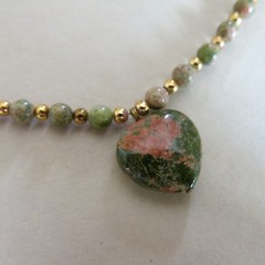 Rhodonite Heart Necklace with Gold Filled Beads 28 Inch 43.0g [3816]