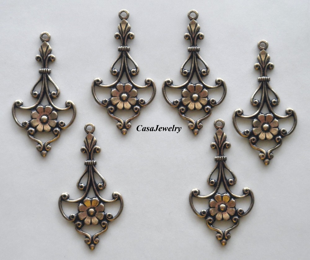 #0050 ANTIQUED GOLD FILIGREE + FLORAL W/TOP HANG RING – 6 Pc Lot