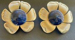 Vintage Clip Earrings Huge Flower Blue Cabochon Flower Statement Gold Tone 80s