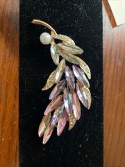 Faux Feather Brooch Pin With “diamon, Pearl And Pink Stones”