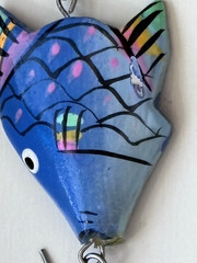 VTG Dangle Fish Earrings Hand-Painted Wood Silver-tone Metal Tropical Blue 3”L