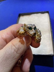 Vtg Articulated Leopard Panther Cheetah Shoulder Brooch Double Pin Green Eye M11