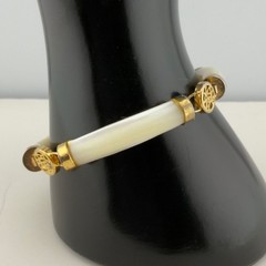 Chinese Longevity Mother Of Pearl Bracelet Safety Chain 7in Gold Tone