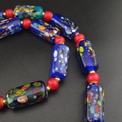 Vintage Venetian Midnight Mosaic Trade Glass Bead Necklace 24in 6.2–20.1mm