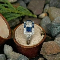 Vintage Style Lab Created Sapphire Diamond Art Deco Engagement 14K Gold FN Ring
