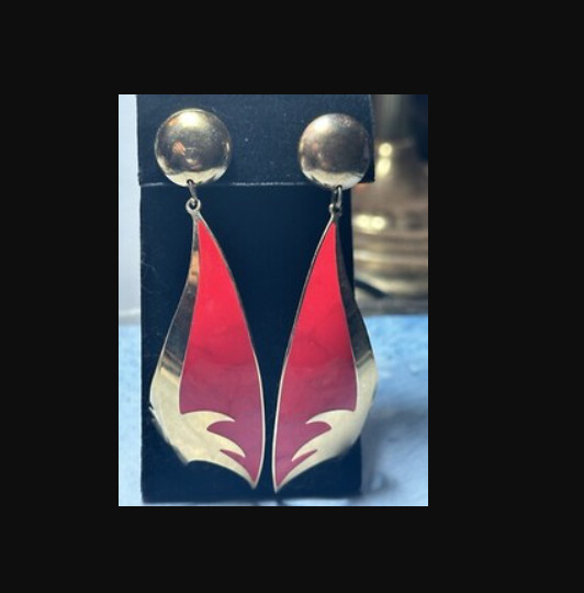Vintage Designer Berebi Retro Gold Tone & Red Enamel Pierced Earrings, 3..5″