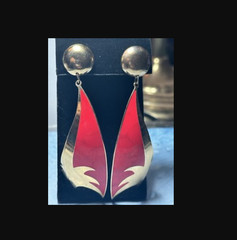 Vintage Designer Berebi Retro Gold Tone & Red Enamel Pierced Earrings, 3..5″