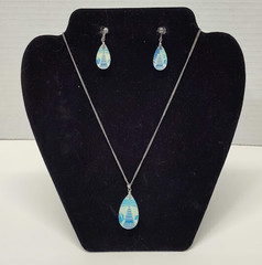 Japan Blue Intaglio Pagoda Opaline Glass Sterling Silver Pendant+Screw Earrings