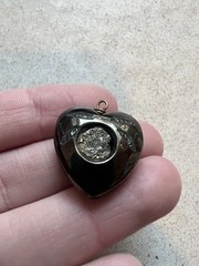Antique Victorian Whitby Jet Inset Pyrite Puffy 3-D HEART Charm Pendant Fob H5