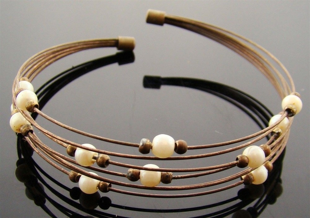 3 VINTAGE BRASS 7 STRAND MEMORY WIRE PEARL BEADED DECO FLEX BRACELETS 3361