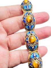 Vintage Chinese Export Gilt Silver Enamel Mesh Filigree Bracelet Tigers Eye Nice