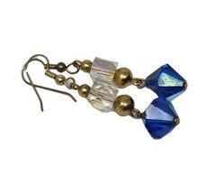 Blue & Clear AB Crystal Dangle Drop Earrings Gold Tone Accents Vintage 2 Inches