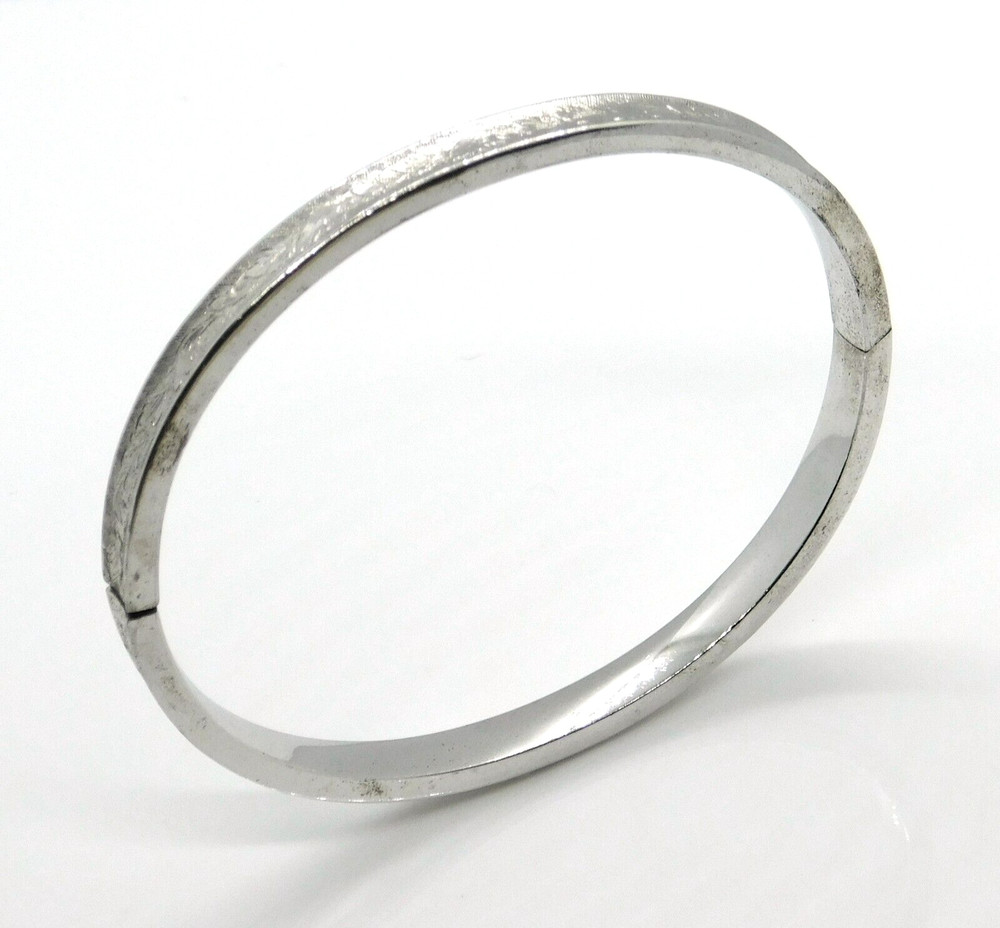 Vintage Marathon 925 Sterling Silver Etched Leaf Pattern Hinged Bangle Bracelet