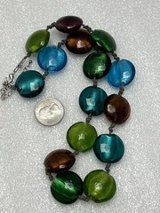 Vintage Artisan Glass Disks Double Knotted Cord Necklace Blue Green Topaz 20”