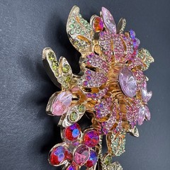 HUGE Pave Rhinestone Flower Gold Tone Brooch Pin Pink J26
