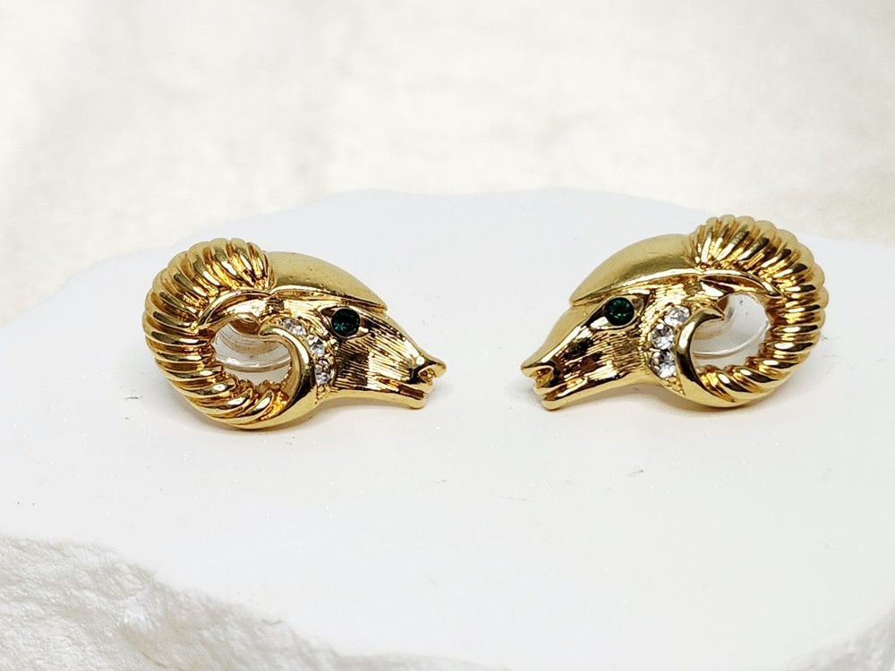 Pair KJL For Avon Gold Tone Green Eyed Ram Head Post Earrings