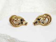 Pair KJL For Avon Gold Tone Green Eyed Ram Head Post Earrings