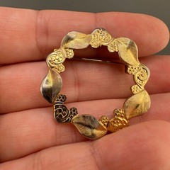 Vintage Wreath Brooch Lot Gold Tone Faux Seed Pearl Pink Stones Textured Brushed
