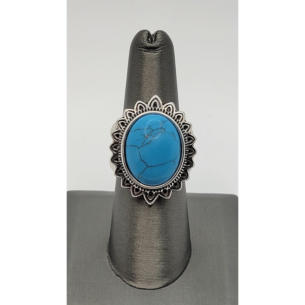 Blue Stone Faux Turquoise Cabochon Statement Ring Dyed Howlite Silver Plated