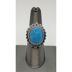 Blue Stone Faux Turquoise Cabochon Statement Ring Dyed Howlite Silver Plated
