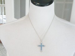 Vintage Sterling Silver 925 Heated London Blue Topaz Cross Pendant Necklace