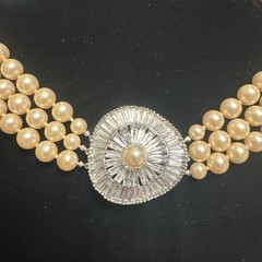 Vtg Signed JOMAZ Triple Strand Faux Pearl Rhinestone Baguette Clasp Choker