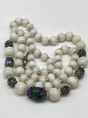 Vintage White Natural Stone Infused Art Glass Aurora Bead Crystals 28” Necklace