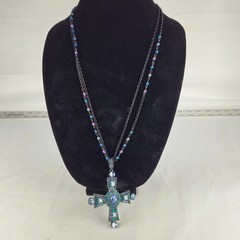 Vintage Silver/Black Tone & Blue Rhinestone Cross Pendant Chain Necklace 17″ 51g