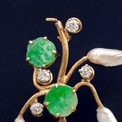1950s Gumps 14K Gold Carved Jade Pearl Diamond Brooch(21059-NRTHH)