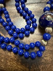 Beautiful Knotted Blue Glass and Gold Beads with Large Dragon/Phoenix Beads, 36”