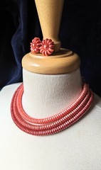 Vtg MCM 3 Strand Japan OMBRE Orange Coral Red Beads NECKLACE Clip EARRINGS SET