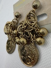 Vintage Gold Tone Coin Jewelry Set Brooch & Drop Earrings 90s Y2K NOS