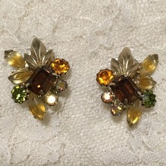 Vintage Rhinestone Clip On Earrings Green Brown yellow Fruit Salad Autumnal Fall