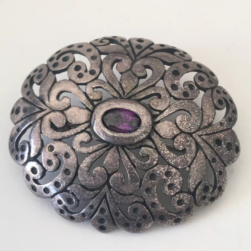 Vintage Jezlaine Sterling Silver Amethyst Filigree Scroll Ornate Brooch Pin