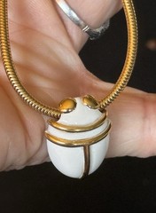 Vintage MONET White Enamel SCARAB Snake Chain SIGNED Gold Tone Necklace 14.5”
