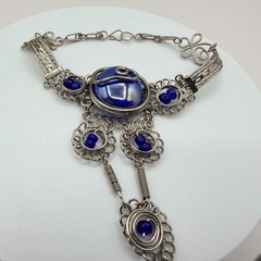 Vintage Silver Tone Slave Bracelet Ring Set Blue Cabochon Stone Boho Filigree