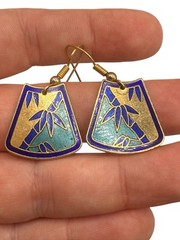 Vintage Cloisonne Earrings Samuel Huang Pierced Hook Dangle Drop Bamboo