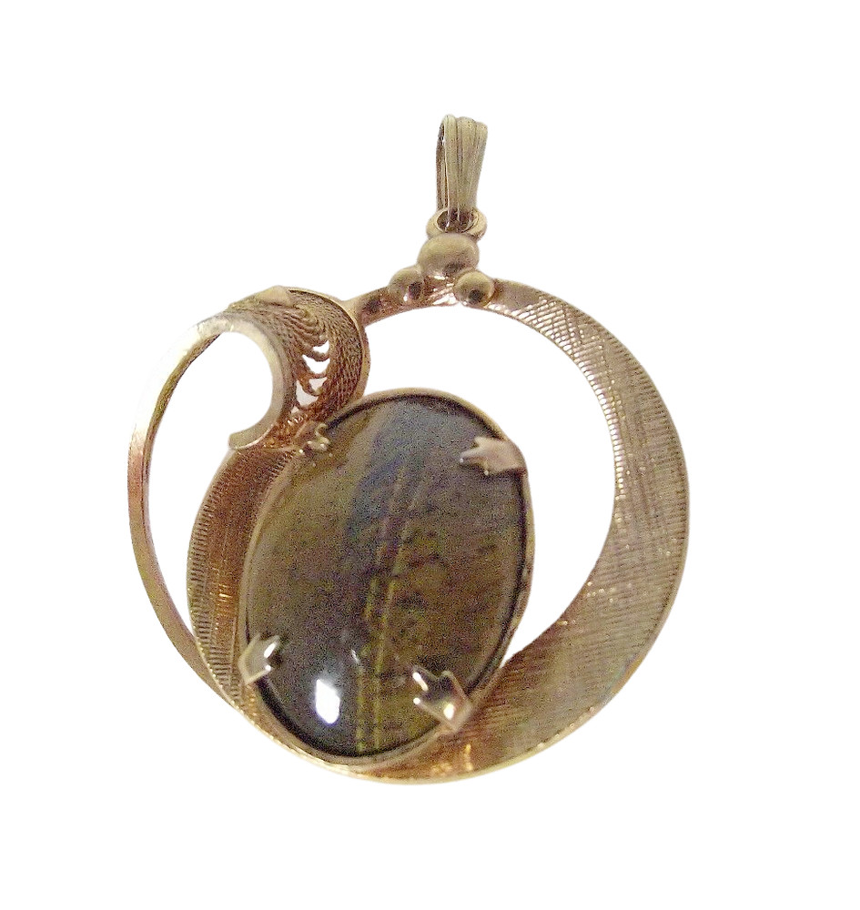 Gold Filled Filigree Tigers Eye Pendant Charm for Necklace 12/20 GF Signed JJJ