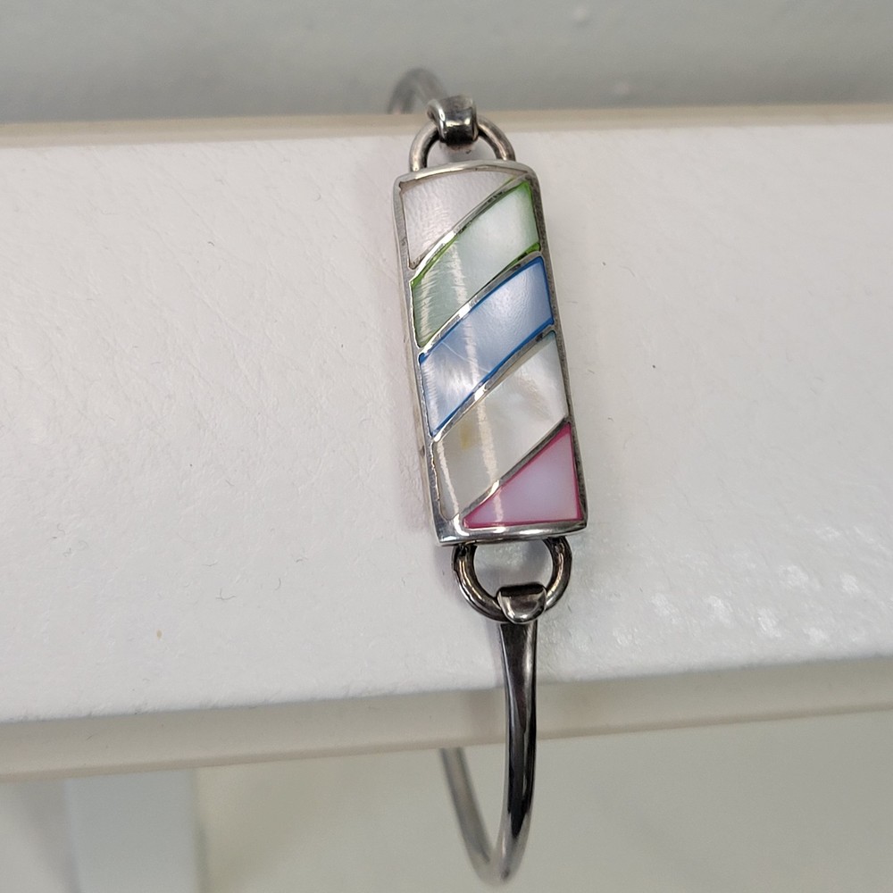 Vtg Sterling Silver Mop Mother Pearl Tension Bracelet Colors 7″ signed Inlay 925