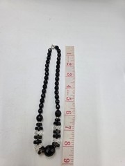 Vintage Czech Black Faceted Glass Bead Necklace Clear Crystal Accents 17″