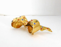 Vintage Signed CORO Bow Brooch Flush Set Jewel Tone Rhinestones Gold Plated Pin