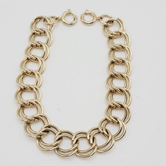 Fancy Double Circular Link Fancy Curb Shiny Gold Tone Vintage Chain Bracelet