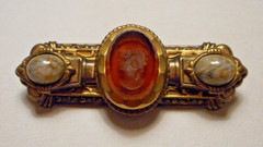 Vintage Victorian Revival Glass Lady Intaglio & Cabochon Brass Bar Pin Brooch