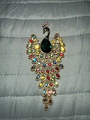 Rhinestone Brooch – Colorful Peacock with Resin Cabochon Body & Crystals – NEW