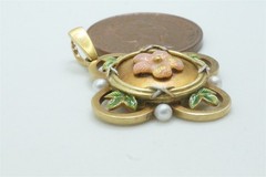 15K GOLD PINK GREEN ENAMEL PEARL PENDANT – QUALITY ANTIQUE ENGLISH -1880