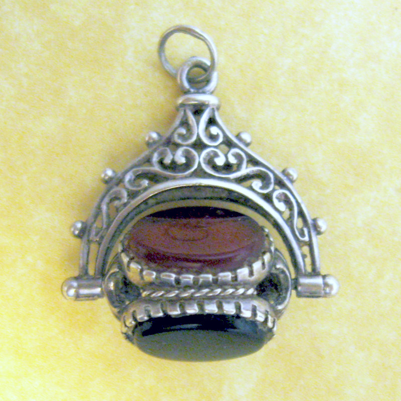 Vintage English Silver Triple Stone Spinning Fob Charm Carnelian Bloodstone Onyx
