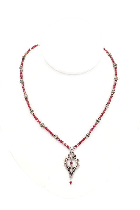 Vintage Sterling Silver 925 Garnet Beaded Necklace 17.75″