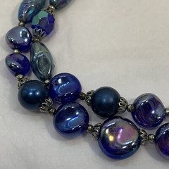 Vintage TRIFARI Cobalt Blue Glass Bead Necklace 2 Tier Peacock Iridescent Silver