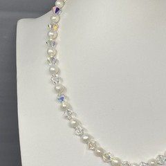 Crystal Glass and Genuine Pearl Beaded Necklace Bracelet Set AB Sterling Clasp